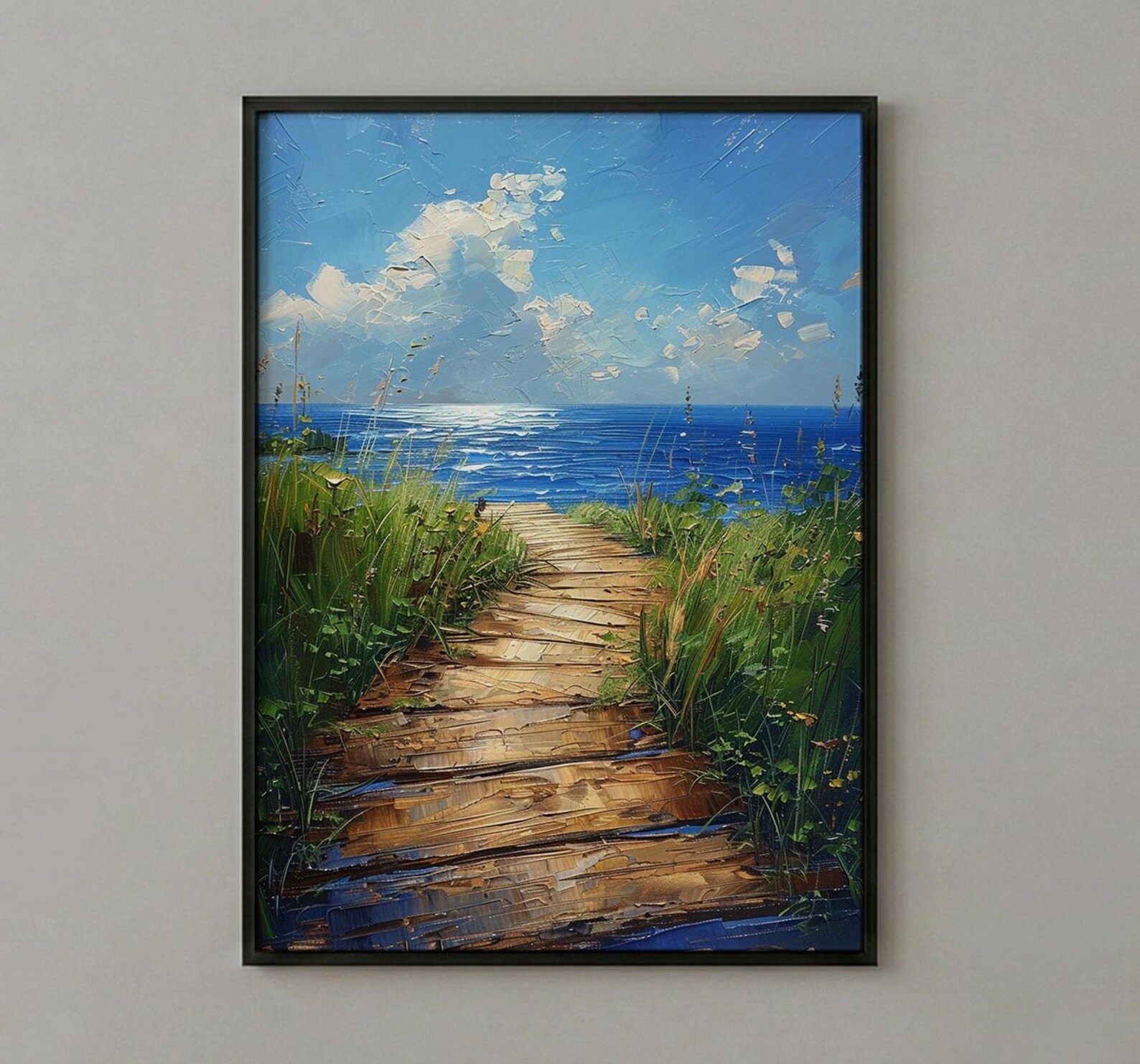 Wooden Boardwalk Lake Art Print, Green Summer Grass Decor - Hidden Blue Water View — view 2