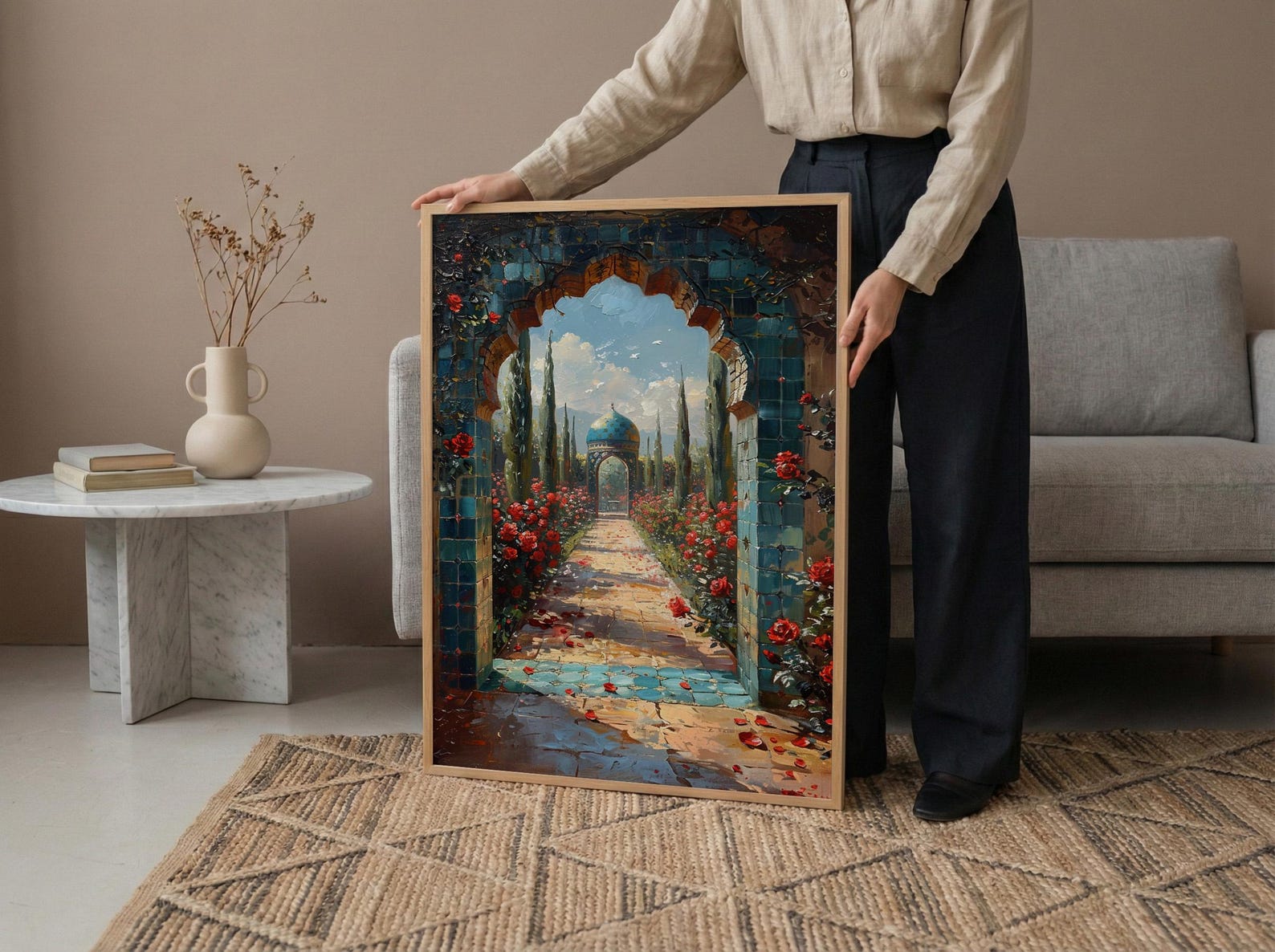Persian Art Print, Garden Arch Decor, Turquoise Tile, Impasto Oil Painting, Red Roses, Mystic Landscape, Spiritual — view 6