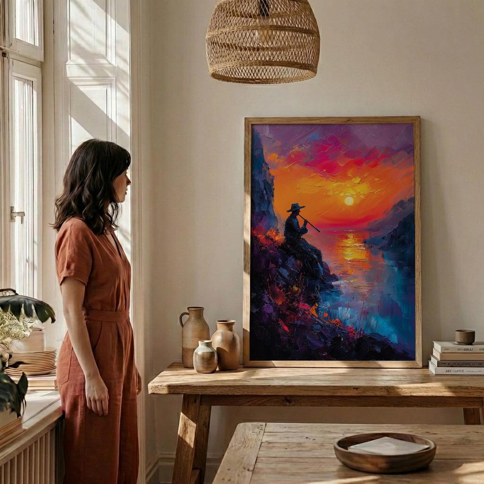 Andean Flute Player Poster, Mountain Sunset Room Decor - Vibrant Orange Purple Sky Silhouette — view 2