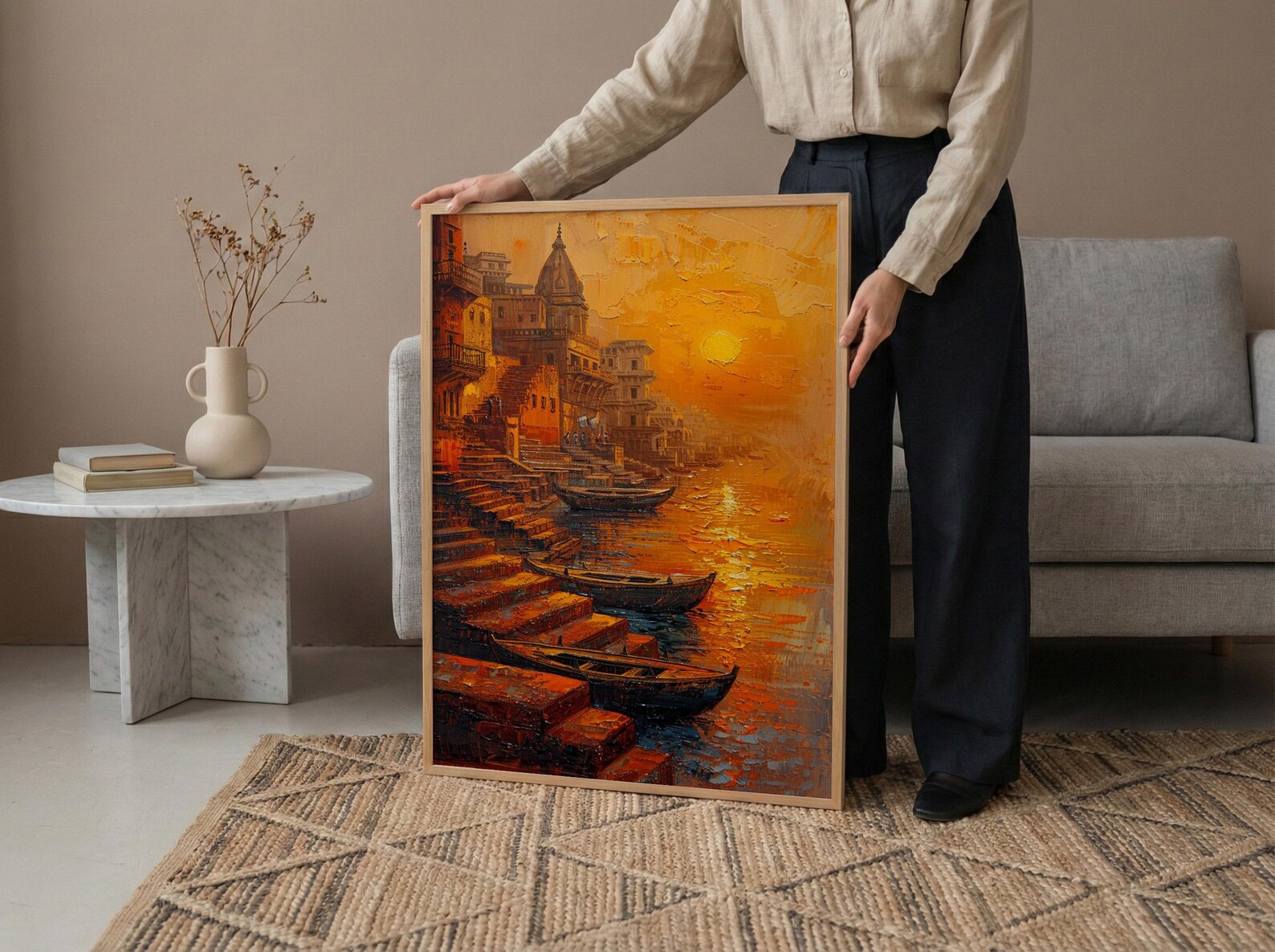 Varanasi Ganges River Oil Painting Poster, India Ghats Art Print, Holy City Sunset Wall Art, Spiritual Travel Decor, Impasto Style Print — view 5