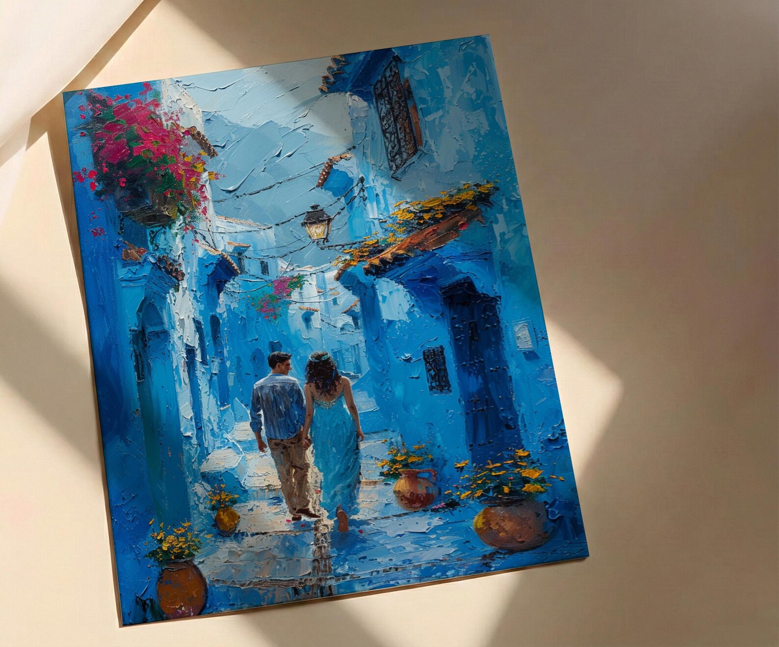 Chefchaouen Wall Art, Morocco Blue City, Boho Travel Print, Impasto Oil Painting, Narrow Street, Anniversary Gift, Colorful — view 2