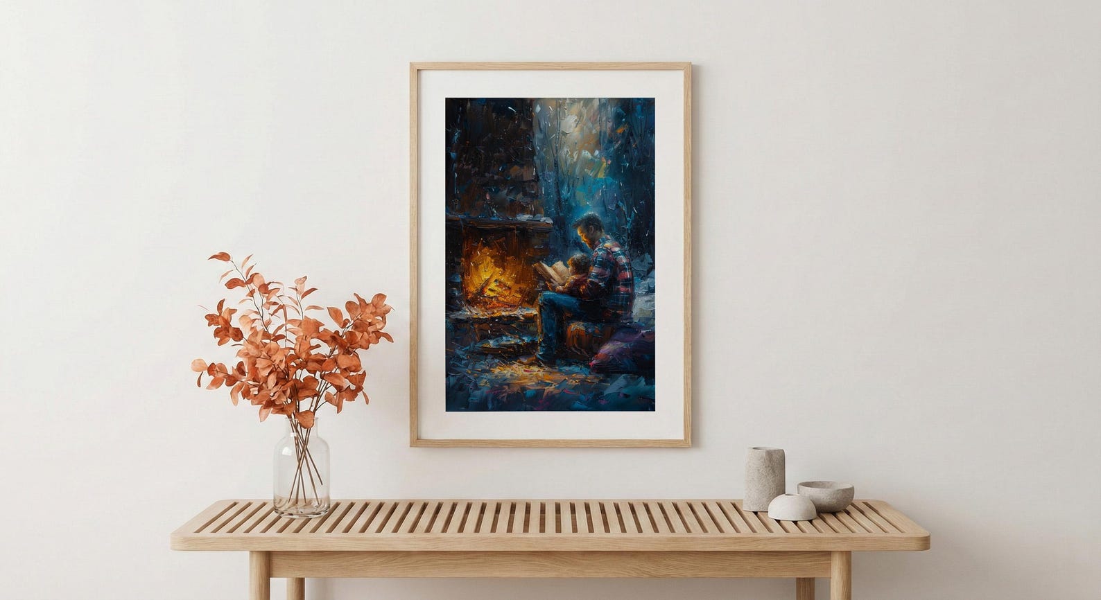 Father Reading Book Wall Art, Cozy Fireplace Decor - Family Storytime Print — view 5
