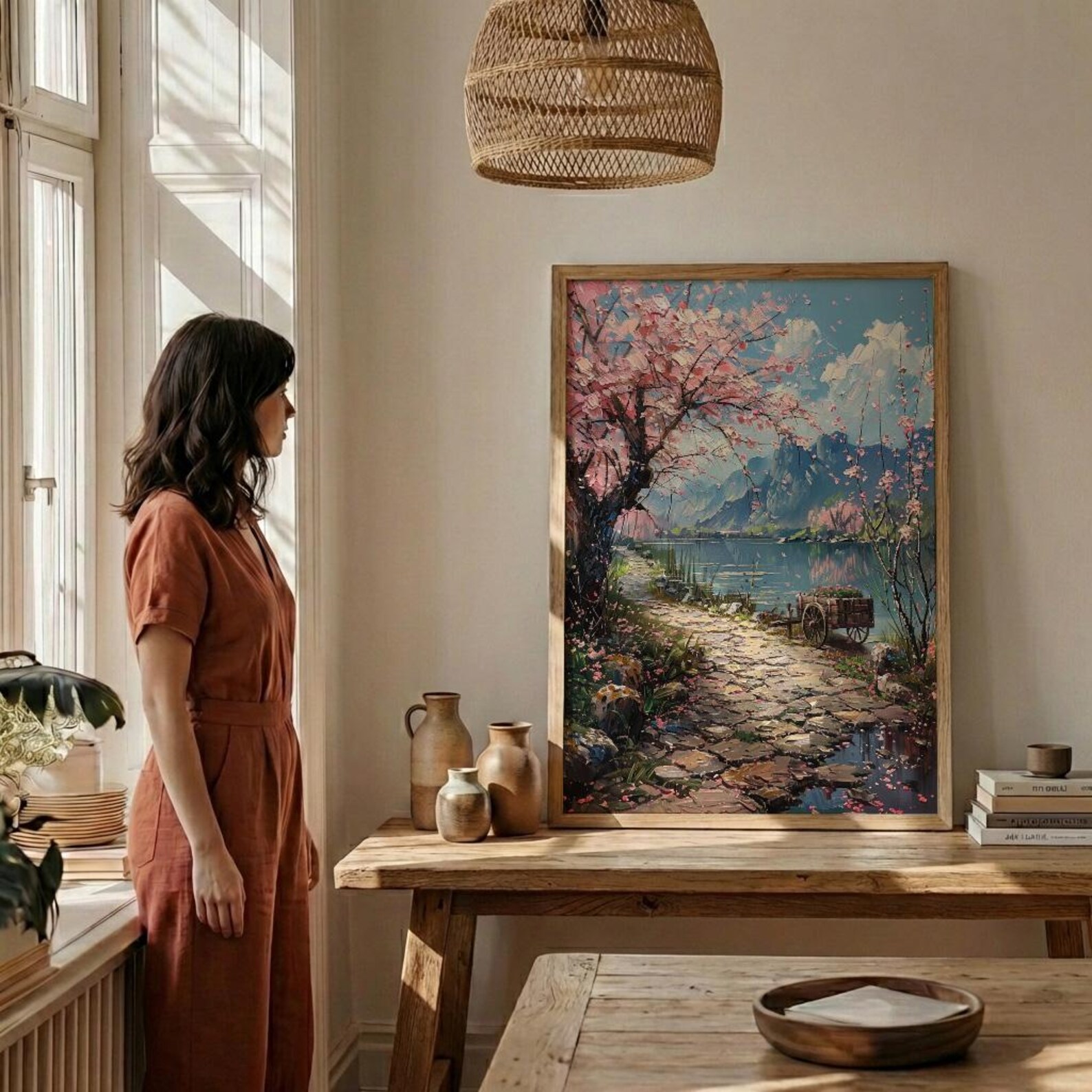 Hangzhou Peach Blossom Wall Decor, Pink Floral Print - Thick Oil Painting Style — view 5