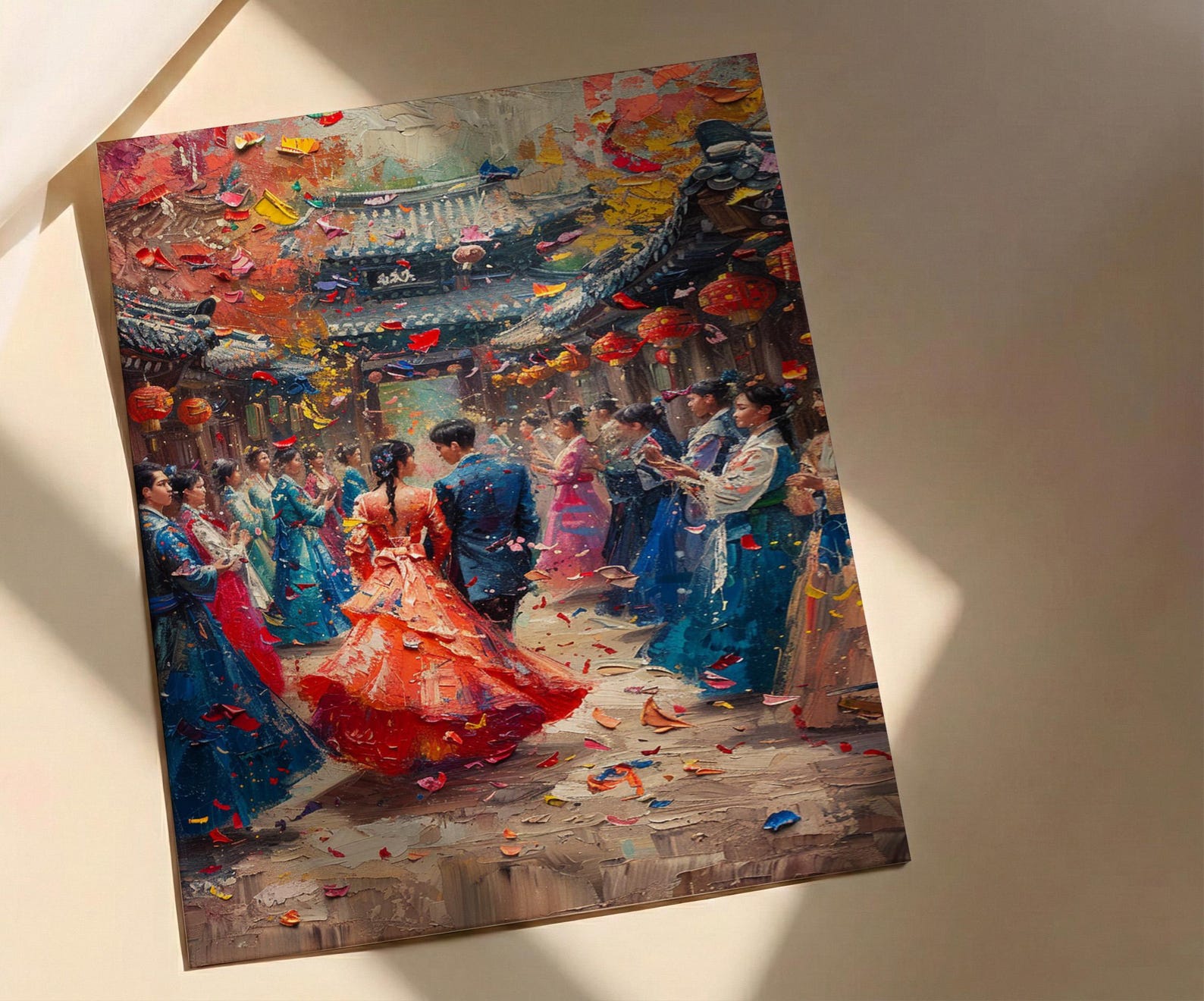 Korean Wedding Celebration Art, Hanok Village Decor - Anniversary Gift — view 2