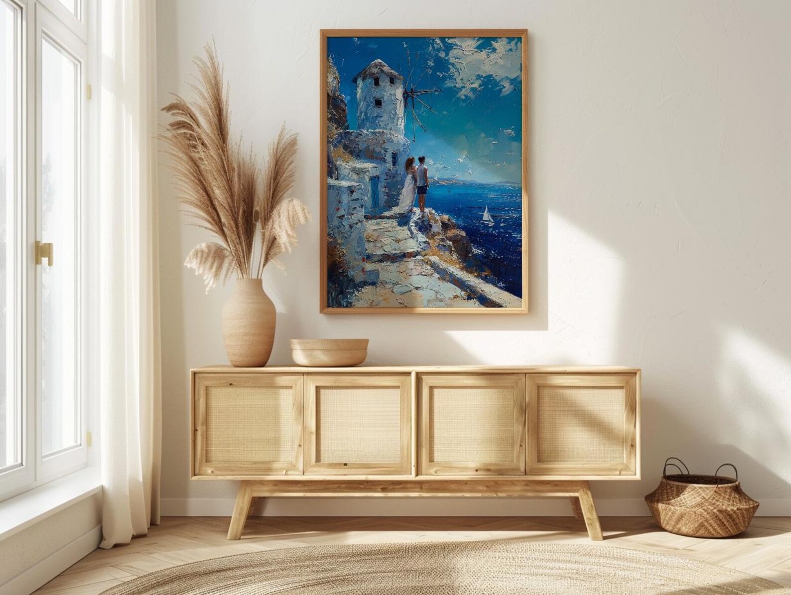 Mykonos Wall Art, Greek Island Print, Windmill Decor, Impasto Oil Painting, Blue and White, Minimalist Travel Art, Aegean, Engagement Gift — view 2