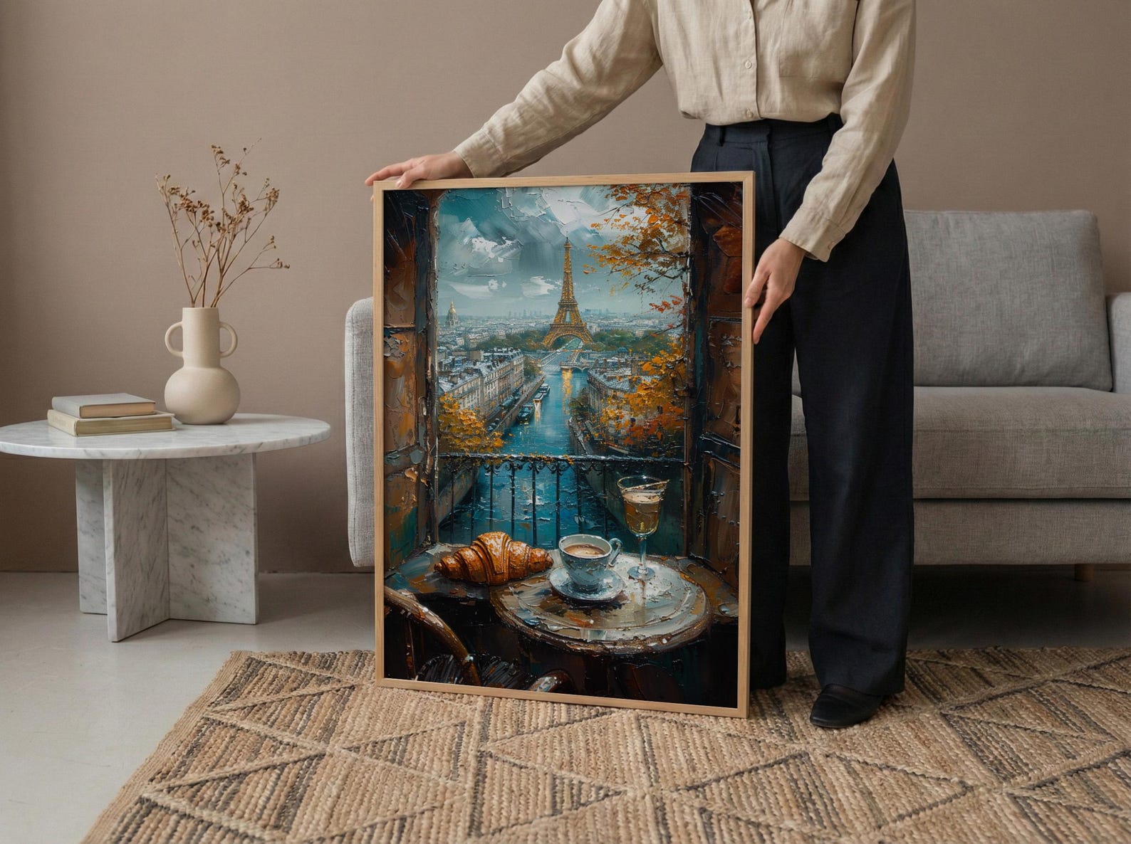Paris Window Art Print, Eiffel Tower Decor - Croissant Cafe Landscape — view 4