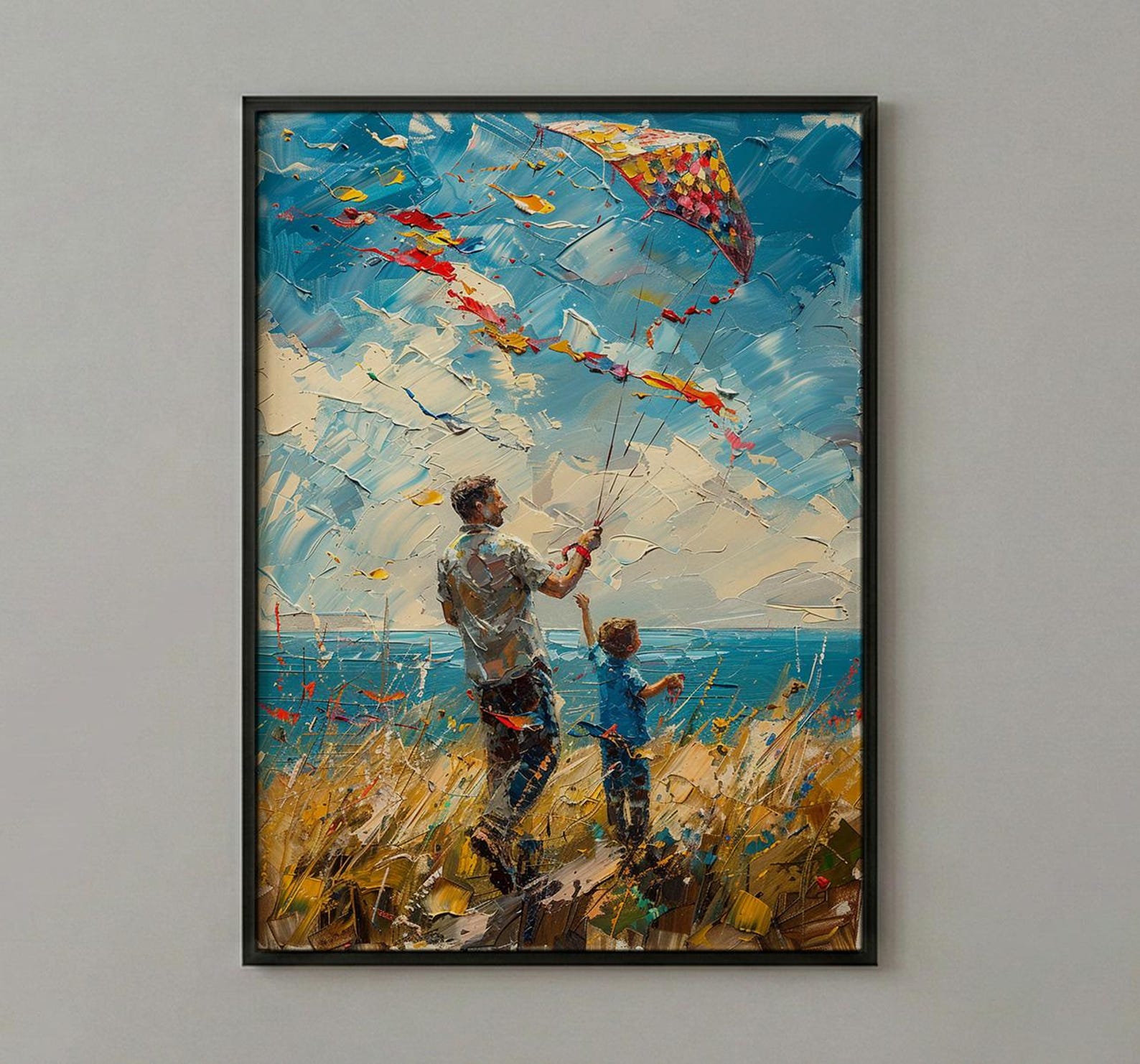 Flying A Kite Poster, Father And Son Decor - Windy Day Landscape Art — view 2