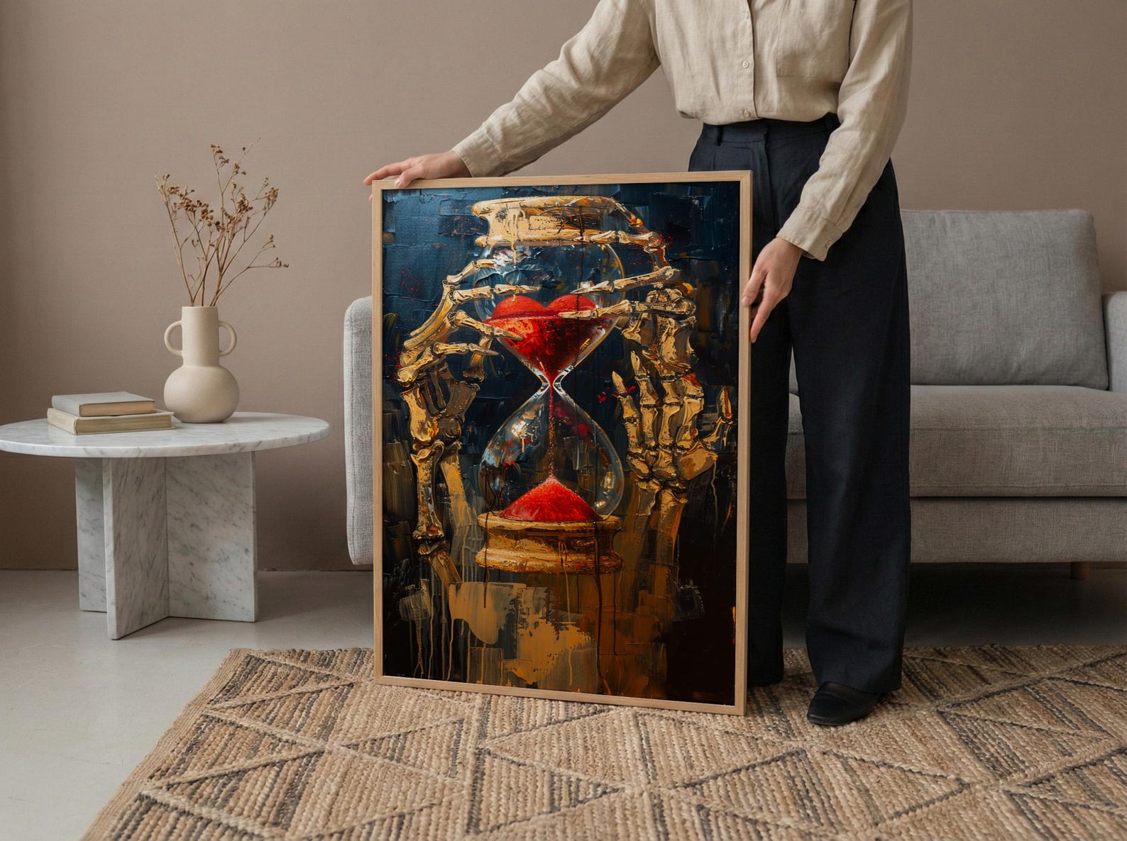 Hourglass Art Print, Skeleton Time Decor, Memento Mori, Impasto Oil Painting, Red Sand, Gothic Symbolism, Philosophical Art — view 6