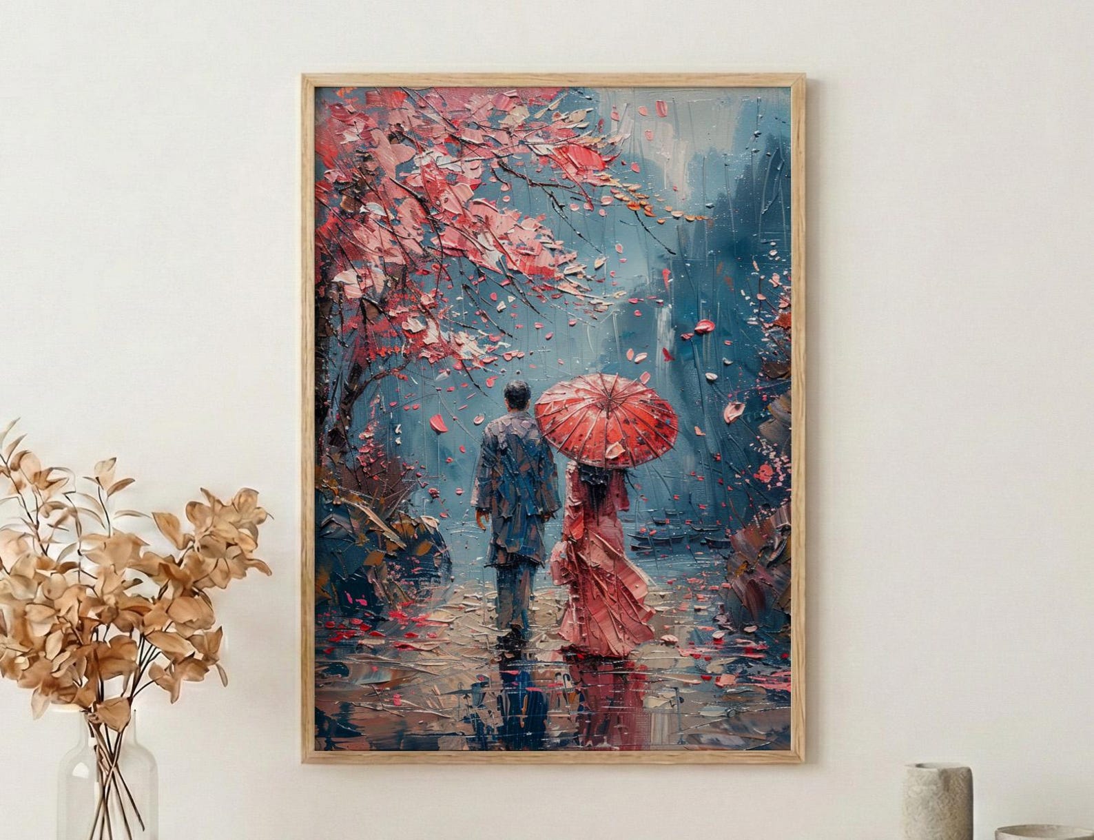 Japan Wall Art, Kyoto Cherry Blossom Art Print, Romantic Couple Poster, Spring Floral Painting, Asian Travel Decor