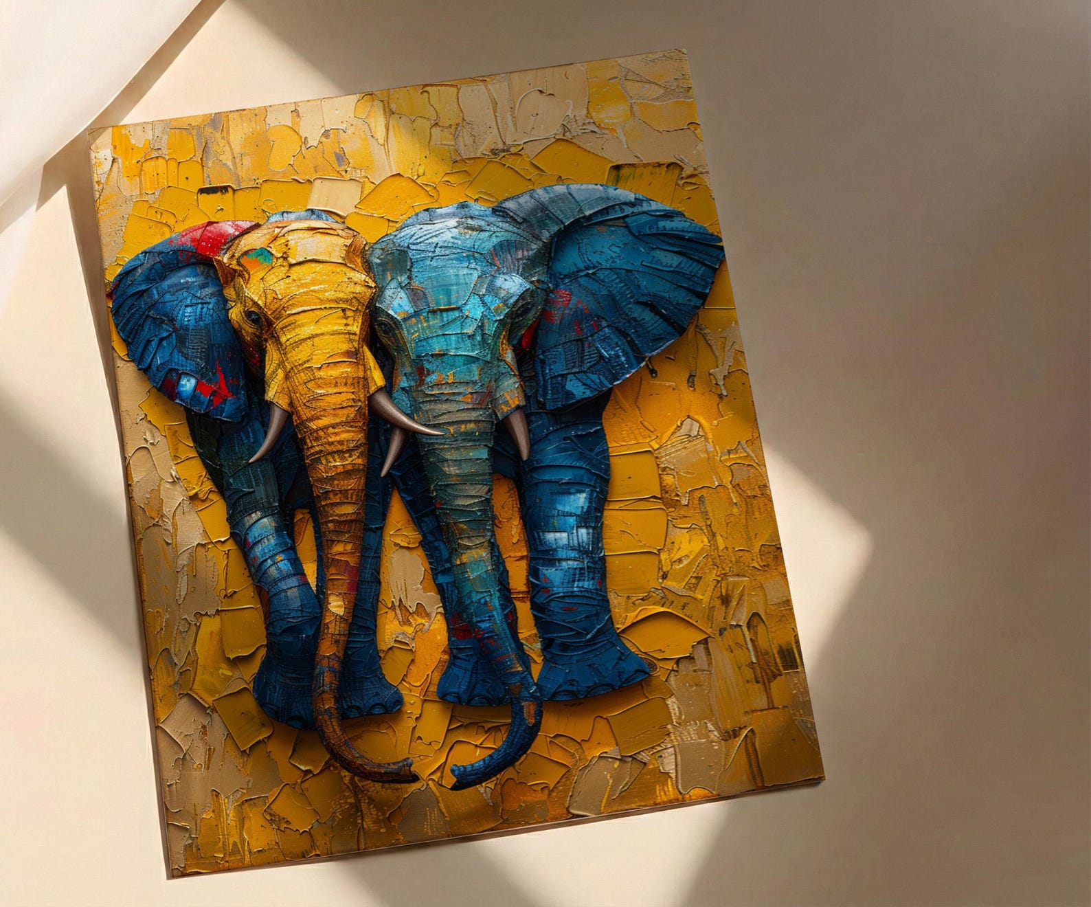 Elephant Couple Art, African Decor, Safari Nursery Print, Impasto Oil Painting, Animal Love, Kente Pattern, Good Luck Gift — view 4