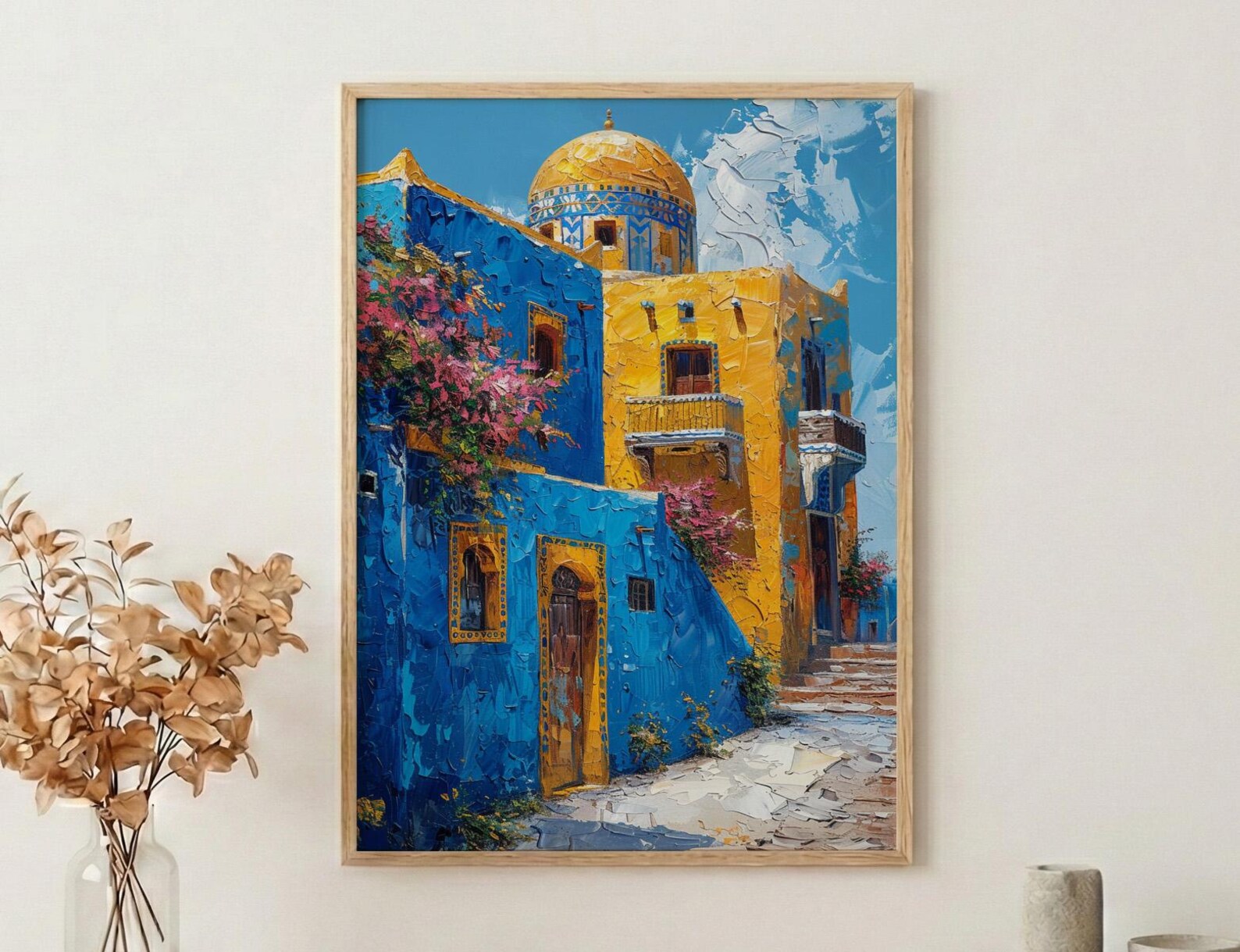 Egypt Wall Art, Nubian House Print, Colorful Aswan, Impasto Oil Painting, Geometric Pattern, African Boho