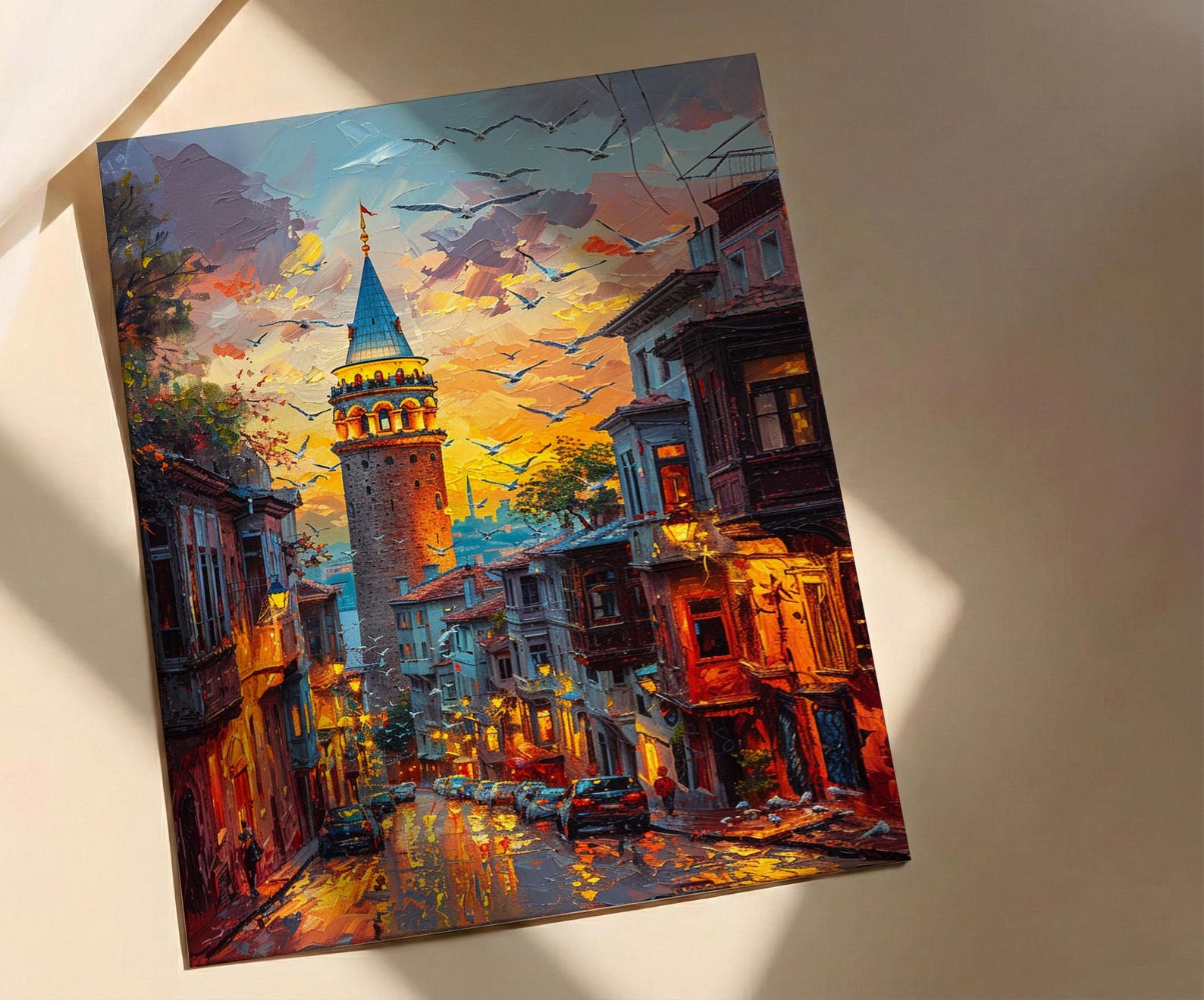 Istanbul Wall Art, Galata Tower Print, Turkey Travel Poster, Impasto Oil Painting, Golden Hour City, Wanderlust Decor, Urban — view 2
