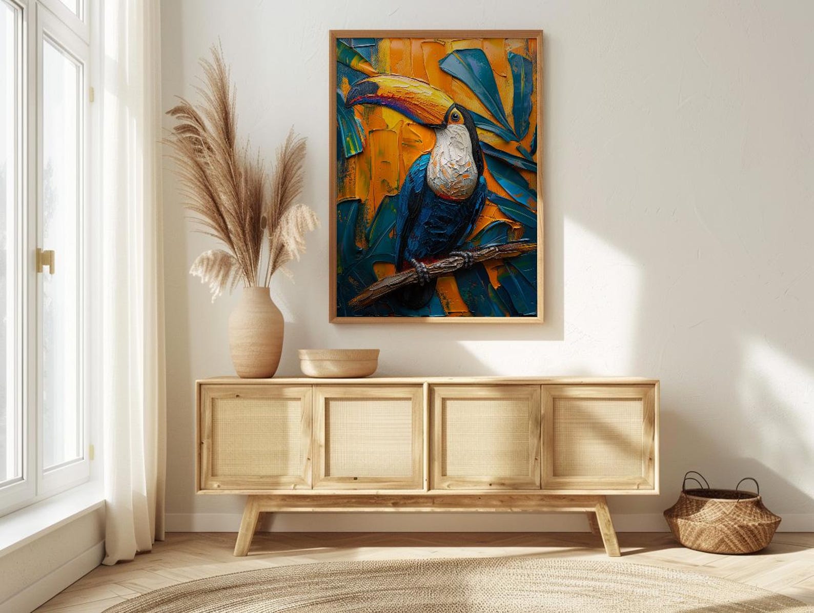 Tropical Toucan Bird Art Print, Exotic Jungle Decor - Vibrant Monstera Leaf Summer Scene — view 4