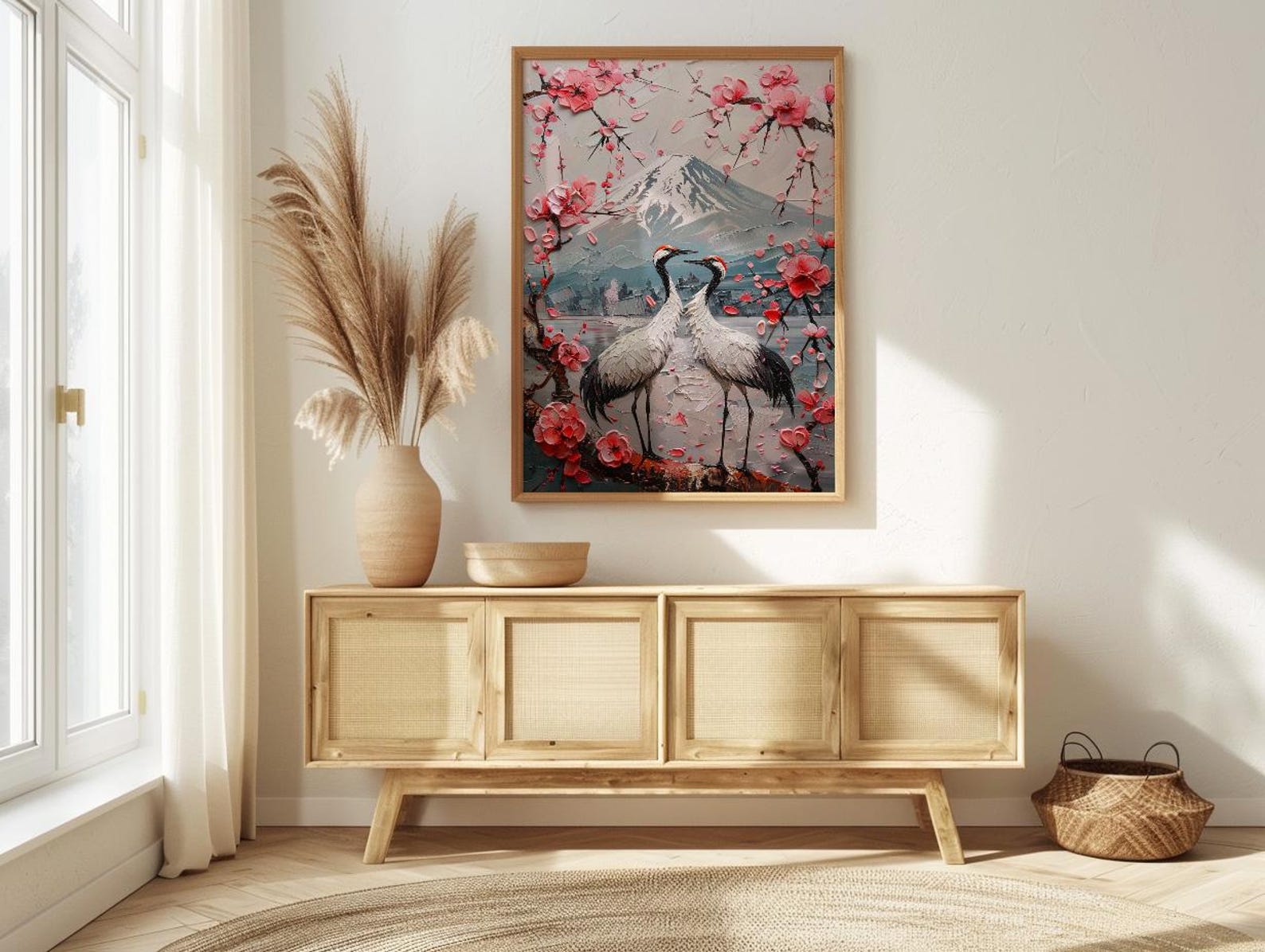 Japanese Art Print, Sakura Heart, Cherry Blossom Decor, Impasto Oil Painting, Crane Bird Art, Zen Wall Decor, Pink Floral, Wedding Gift — view 3