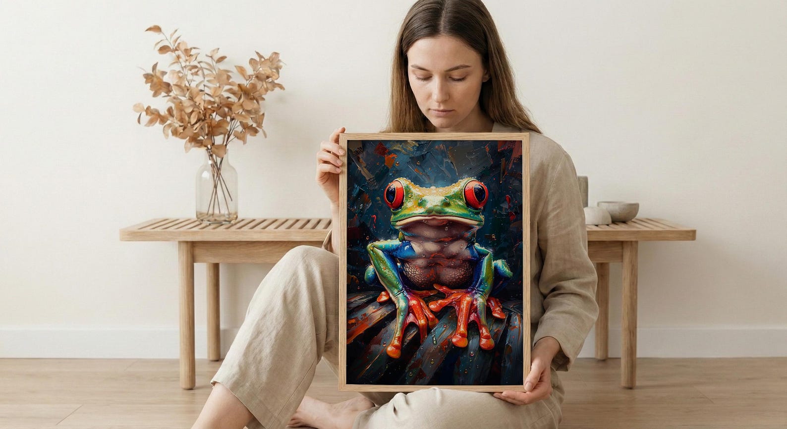 Exotic Tree Frog Art Print, Tropical Nature Decor - Green Palm Leaf Summer Rain — view 6