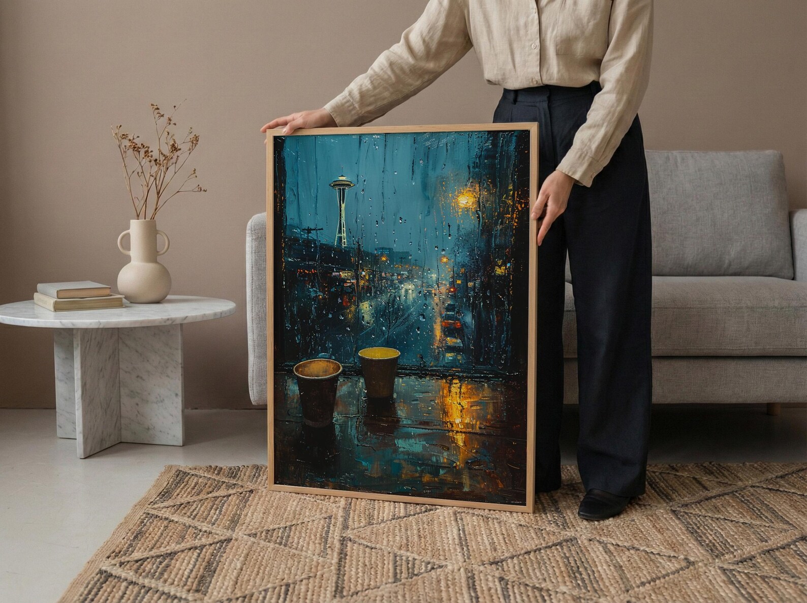 Seattle Wall Art, Rainy Window View, Space Needle Print, Coffee Lover Decor, Moody City Painting — view 6