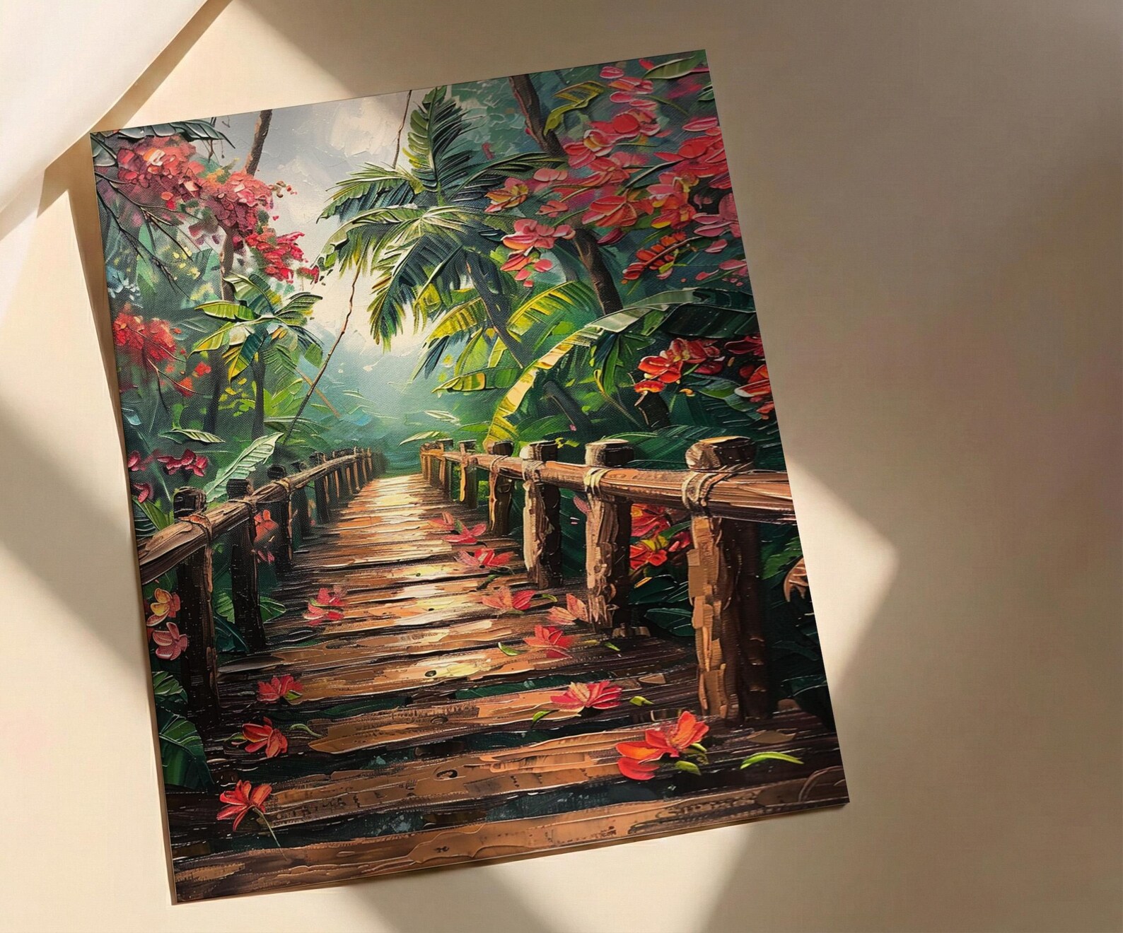 Costa Rica Jungle Poster, Red Heliconia Decor - Bridge Landscape — view 2