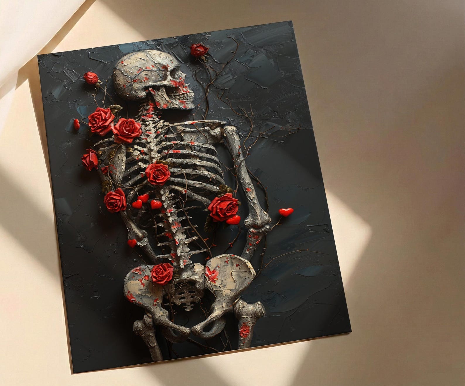 Skeleton Ribcage Art, Floral Anatomy Print, Dark Academia Decor, Impasto Oil Painting, Red Roses, Gothic Garden, Medical Art — view 2