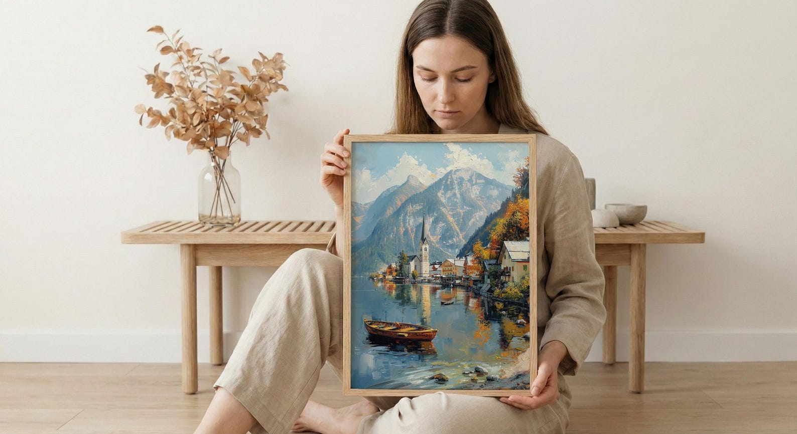 Hallstatt Wall Art, Austria Village Print, Lake Reflection, Impasto Oil Painting, Mountain Landscape, Serene Decor, Travel Gift — view 6