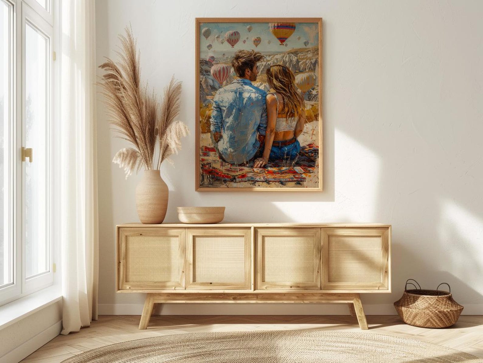 Cappadocia Wall Art, Turkey Balloon Art Print, Sunrise Landscape Poster, Romantic Couple Painting, Boho Travel Decor — view 3