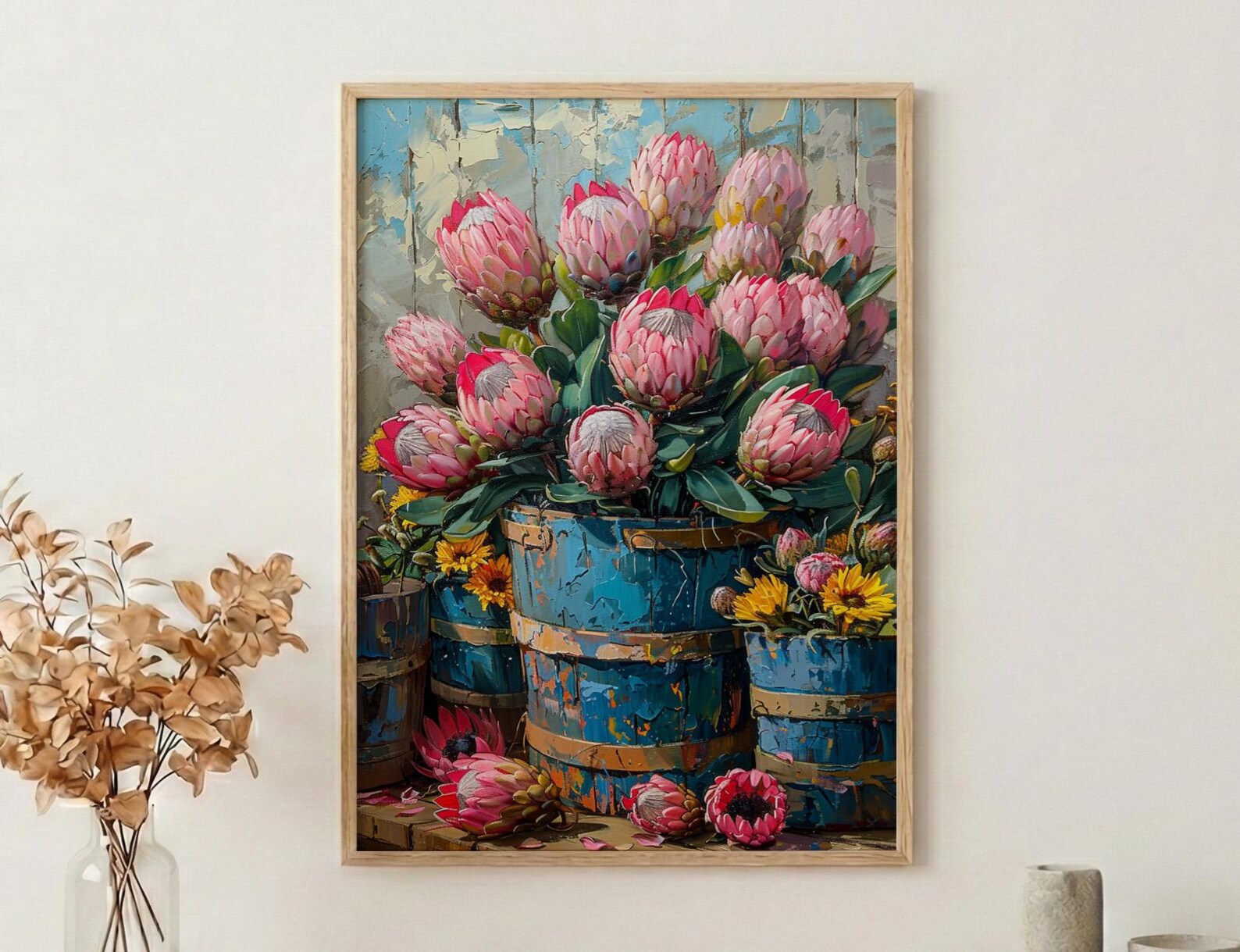 Cape Town Flower Market Poster, Pink Protea Wall Decor - Textured Impasto Oil Painting