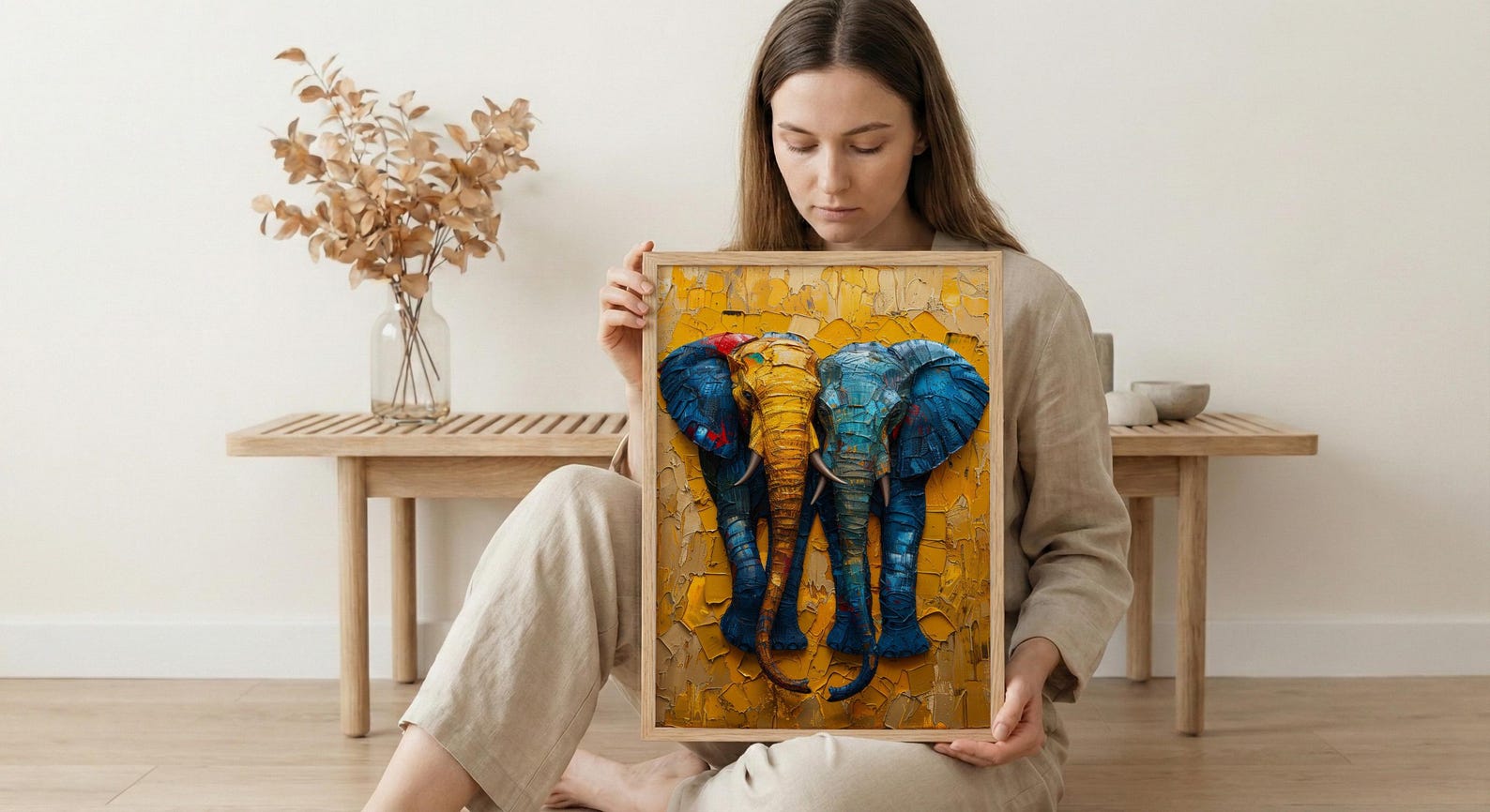 Elephant Couple Art, African Decor, Safari Nursery Print, Impasto Oil Painting, Animal Love, Kente Pattern, Good Luck Gift — view 6