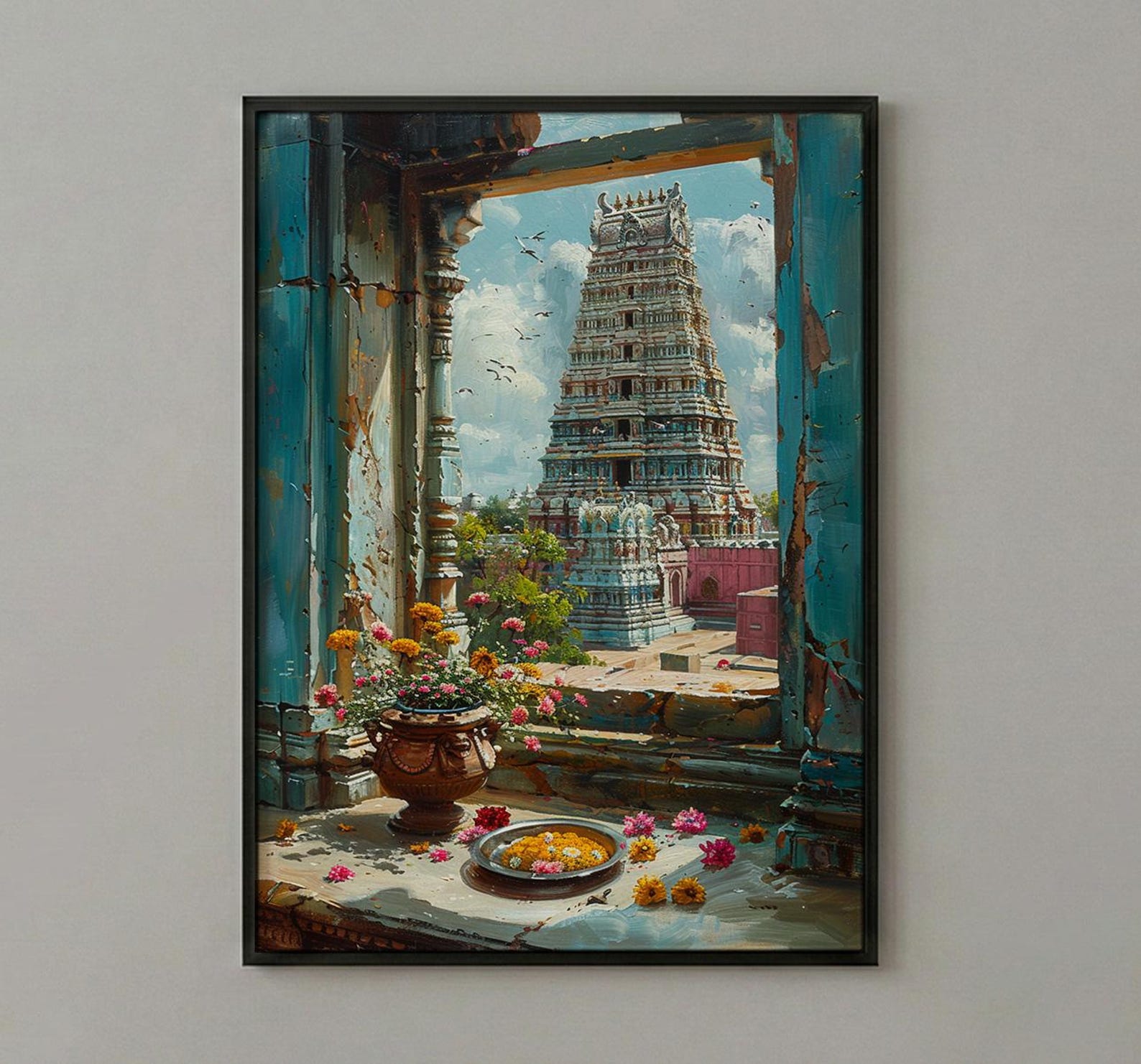 India Temple Art Print, Spiritual Window Decor - Colorful Gopuram Poster — view 2