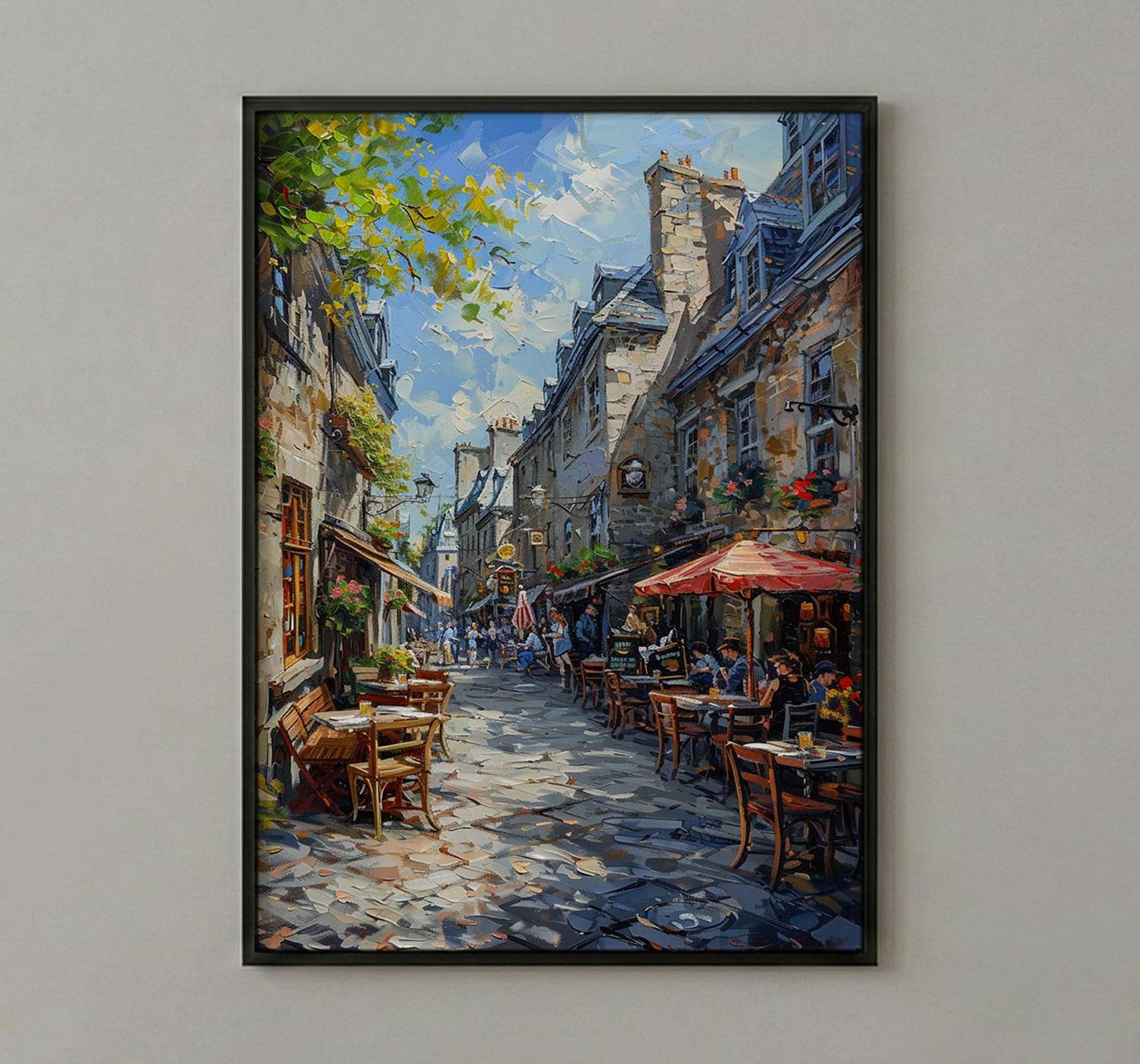 Montreal Old Port Art Print, Historic Canada Travel Decor - Stone Building Summer Cafe View — view 2