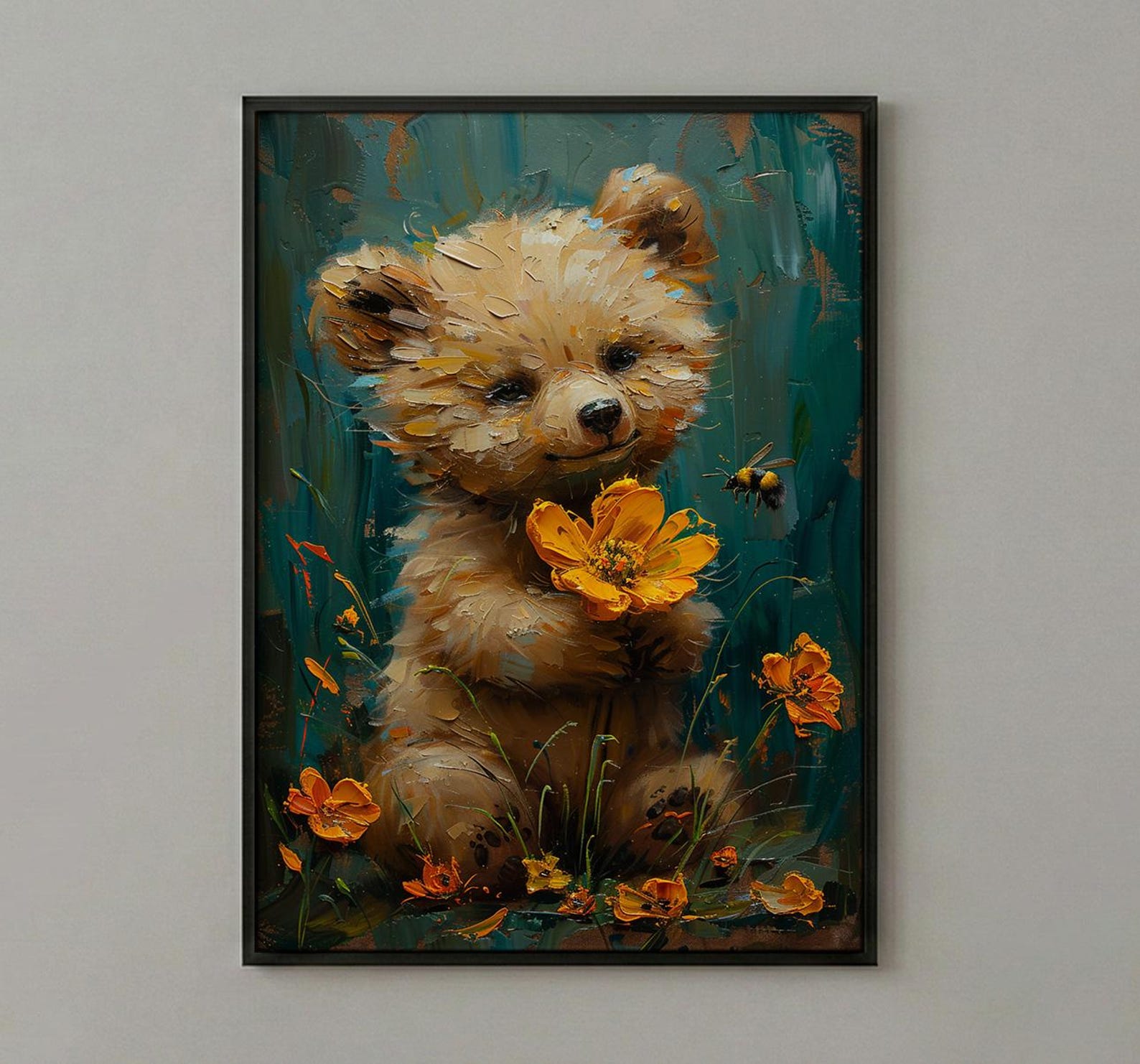 Baby Bear Nursery Art Print, Yellow Floral Spring Decor - Baby Shower Gift