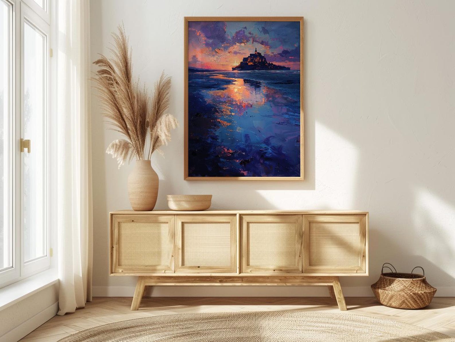 Mont Saint Michel Art, France Landmark Print, Mystical Castle, Impasto Oil Painting, Twilight Landscape, Fantasy Decor, Tide — view 3