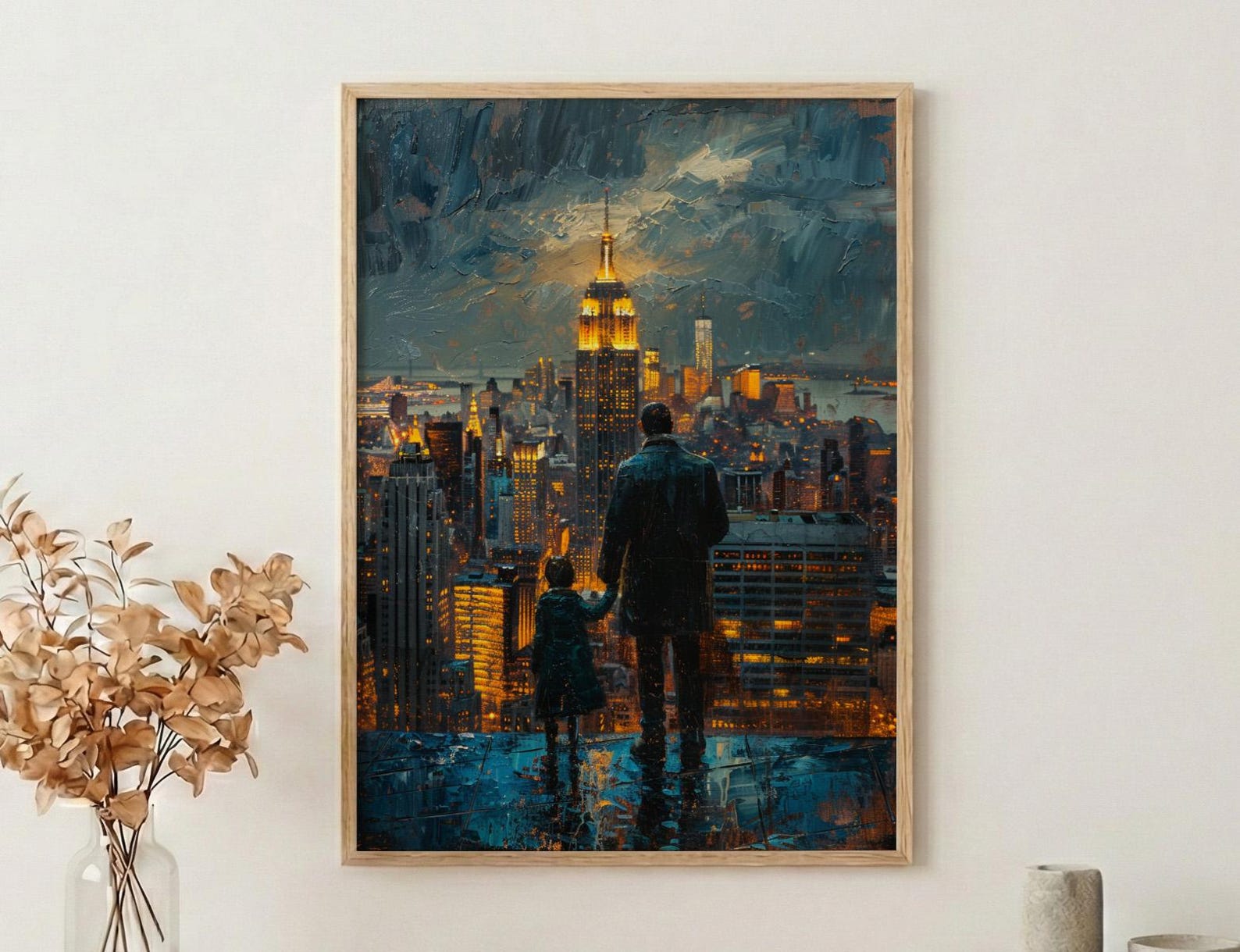 NYC Skyline Night Wall Art, Father And Son Decor - Manhattan Empire State Print