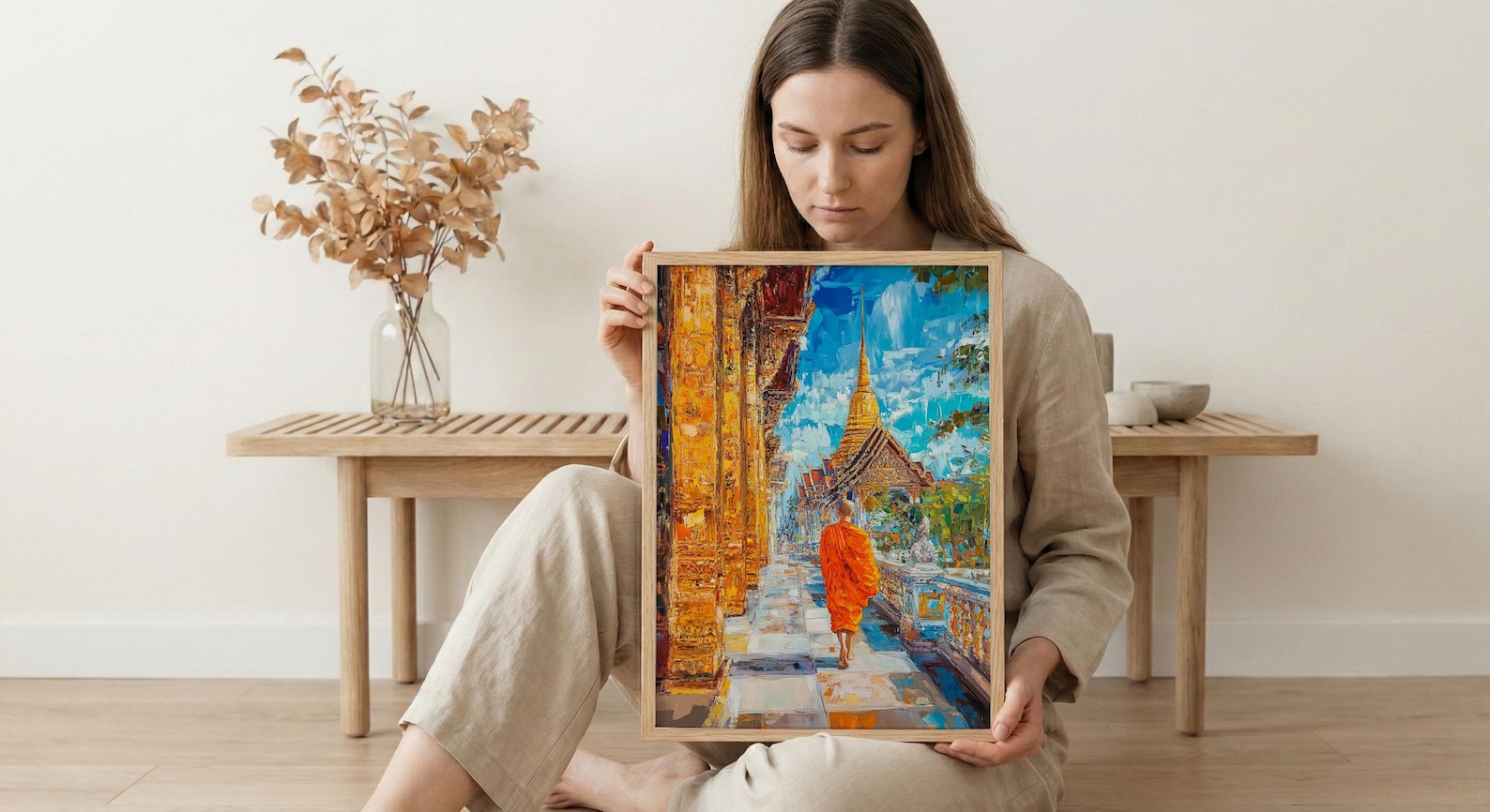 Thai Buddhist Monk Oil Painting Poster, Golden Temple Bangkok Art Print, Spiritual Asia Wall Art, Meditation Decor, Impasto Architecture — view 6