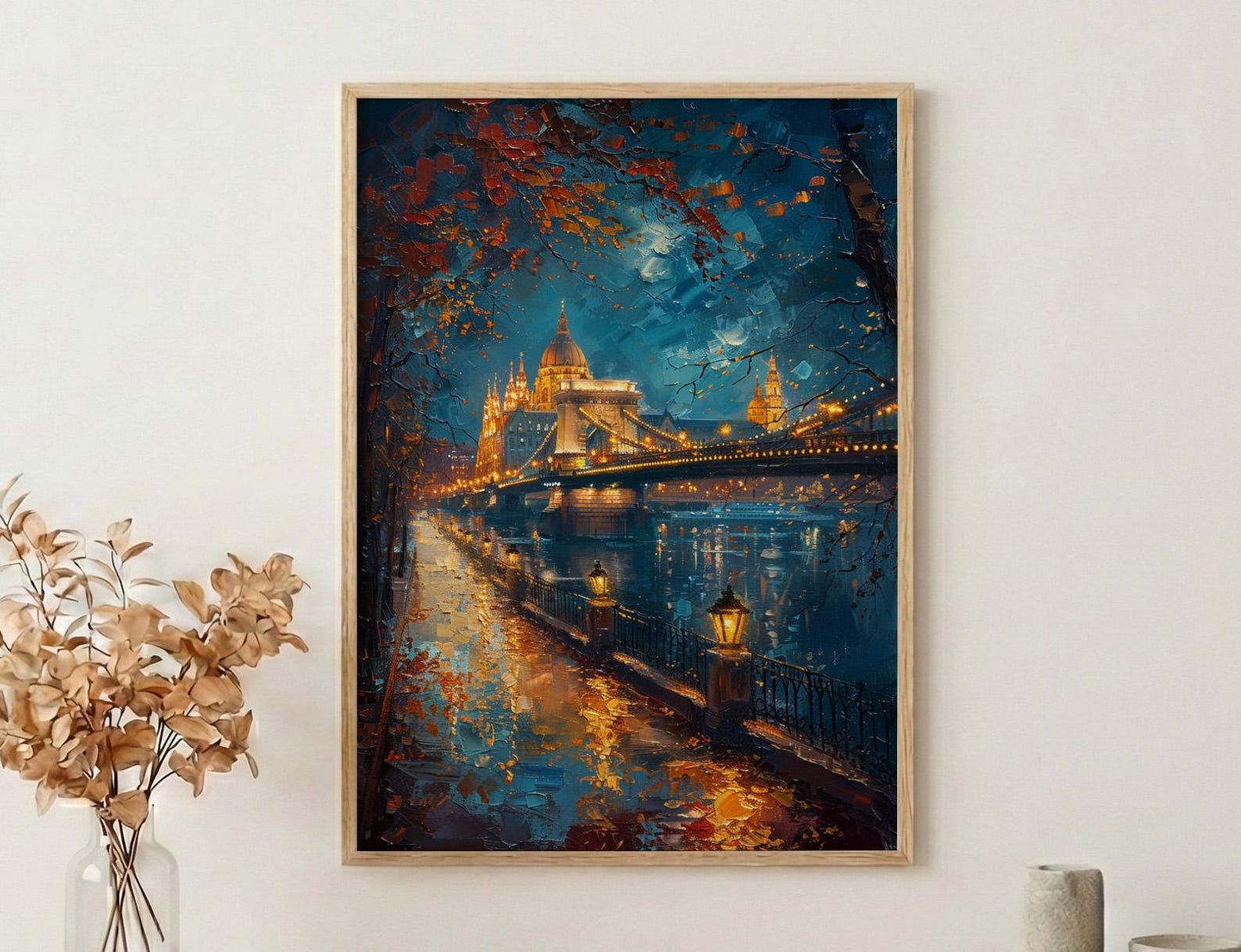 Budapest Wall Art, Chain Bridge Print, Hungary Travel, Impasto Oil Painting, Night Cityscape, Golden Lights, Romantic View — view 2