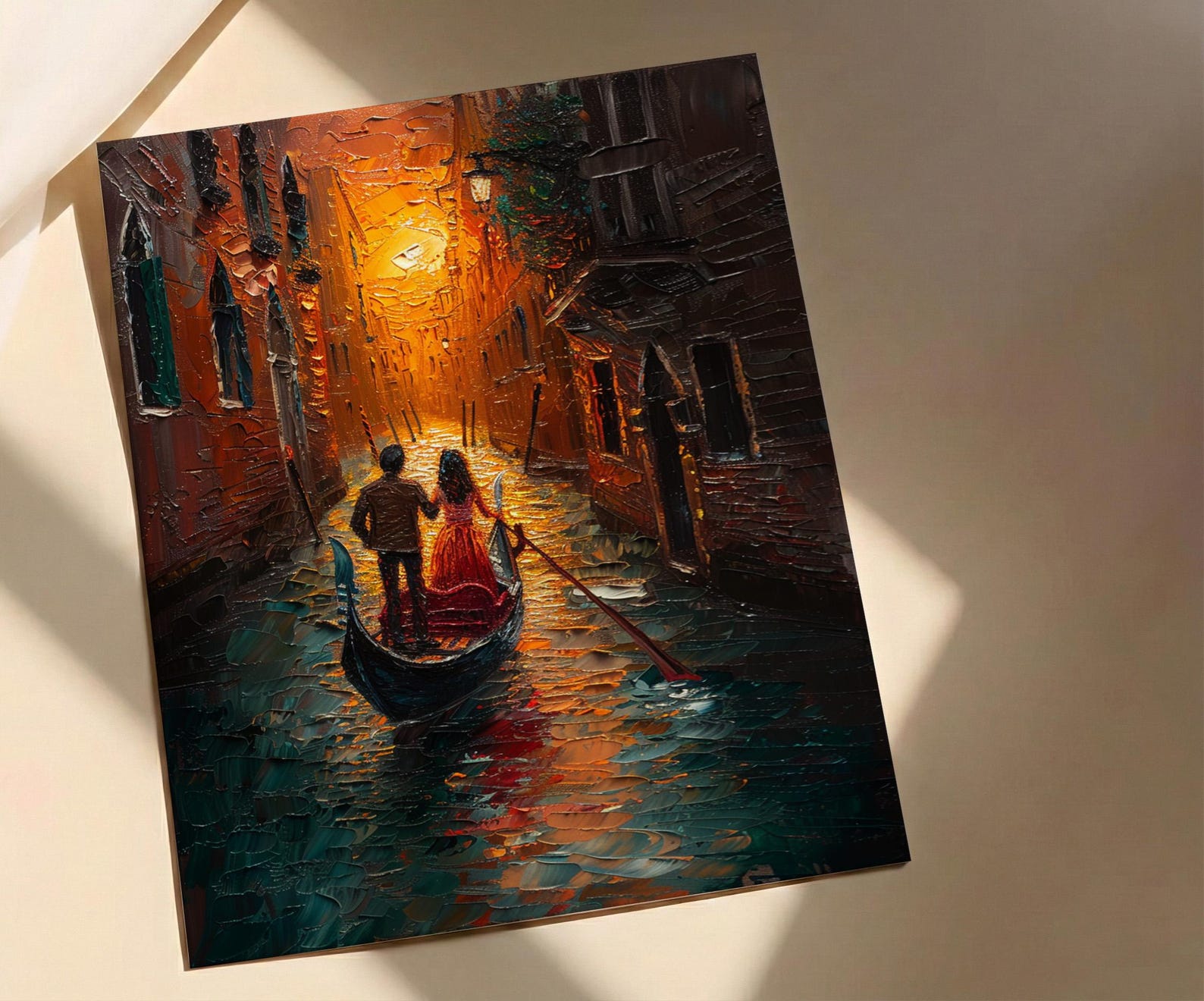 Venice Gondola Art Print, Romantic Canal Decor - Thick Oil Painting Style — view 2